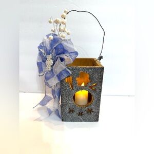 Country Blue Wooden Lantern w/ Snowman Cut-Out and Battery-Operated Candle